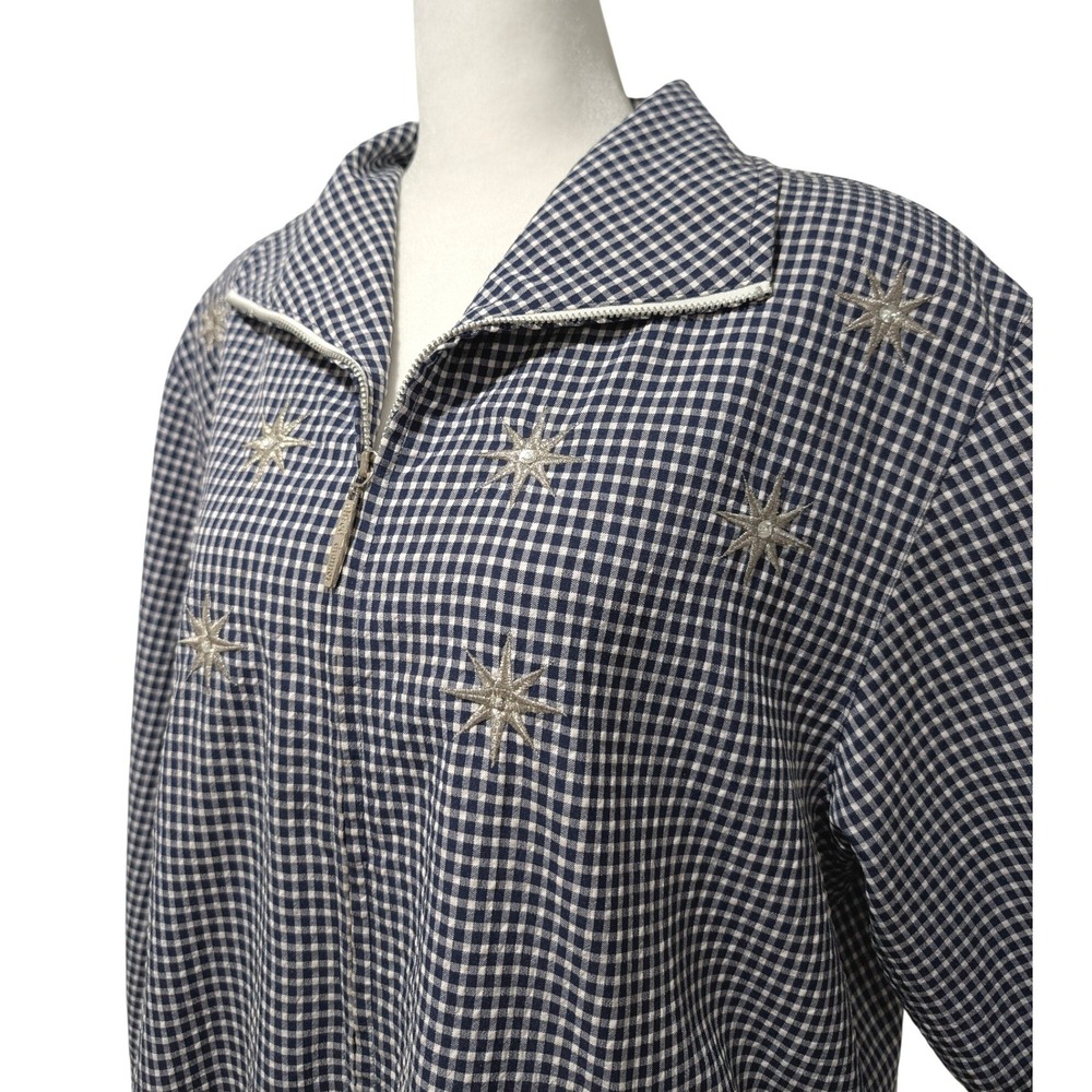 Vtg Alfred Dunner Grandmacore Blue Gingham Starburst Embroidered Zip Jacket 12 - Picture 1 of 11